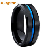 Black Blue Grooved Beveled Brushed Finish 8mm Mens Womens Tungsten Carbide Ring  Comfort Fit Wedding Band