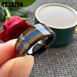 Super Blue Opal Whisky Barrel Wood Inlay 8mm Black Tungsten Comfort Fit Rings for Men, Women Fashion Wedding Bands