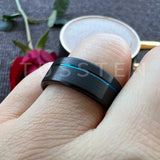 Astounding Offset Grooved Brushed Black Blue 8MM Comfort Fit Tungsten Carbide Wedding Band Men and Women Rings