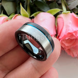 Offset Groove And Brushed Finish 8mm Black Blue Tungsten Carbide Comfort Fit Wedding Band Ring For Men Women