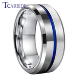Beveled Polished Brushed Finish 8MM Two Tone Blue Groove Tungsten Carbide Comfort Fit Ring Men Women