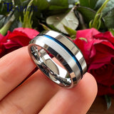Beveled Polished Brushed Finish 8MM Two Tone Blue Groove Tungsten Carbide Comfort Fit Ring Men Women