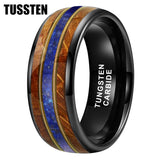 Whisky Wood Guitar String Lapis Inlay 8MM  Black Tungsten Rings for Men and Women - Fashion Engagement Wedding Bands