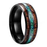 Domed Polished Shiny Green Crushed Opal Wood Inlay Black Tungsten Comfort Fit Wedding Band, Engagement Promise Ring