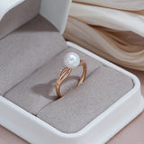 Original Design Luxury Big Pearl AAA Zircon Diamonds Ring For Women 14K Rolled Rose Gold Fine Jewelry Gift