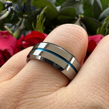 Beveled Polished Brushed Finish 8MM Two Tone Blue Groove Tungsten Carbide Comfort Fit Ring Men Women