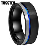 Astounding Offset Grooved Brushed Black Blue 8MM Comfort Fit Tungsten Carbide Wedding Band Men and Women Rings