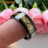 Awesome Blue Carbon Fiber Inlay Dragon 8mm Beveled Edges Ring for Men and Women Tungsten Comfort Fit Wedding Band