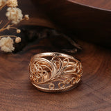Elegant Hollow Texture Glossy Filled 14K Rose Gold Wide Rings For Women Vintage Ethnic Style Fashion Jewelry