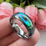 Superb Abalone Shell Inlay Domed Shape Polished Shiny Tungsten Carbide Ring Men, Women Comfort Fit Wedding Bands