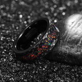 Impressive Black Edge Black Carbon Batch Flower Brushed Inlaid Opal Men's Tungsten Carbide Ring, Wedding Jewelry