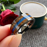 Super Blue Opal Whisky Barrel Wood Inlay 8mm Black Tungsten Comfort Fit Rings for Men, Women Fashion Wedding Bands