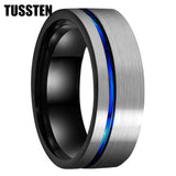 Astounding Offset Grooved Brushed Black Blue 8MM Comfort Fit Tungsten Carbide Wedding Band Men and Women Rings