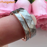 Flat Band Grooved Brushed 8mm Hammered Tungsten Carbide Comfort Fit Ring for Men Women - Fashion Wedding Jewelry