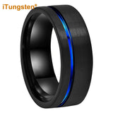 Offset Groove And Brushed Finish 8mm Black Blue Tungsten Carbide Comfort Fit Wedding Band Ring For Men Women