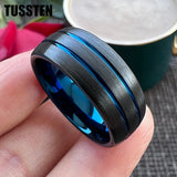 Dropshipping TUSSTEN 8MM Black Blue Color Tungsten Wedding Band Two Tone Ring For Men Women Domed Grooved Comfort Fit