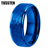 Super Blue White Stepped Edges Hammered Finish 6/8MM Men Women Tungsten Comfort Fit Engagement Rings Trendy Jewelry