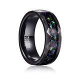Electric Black 8mm Hammer Pattern Inlaid Black Sand Bottom Green Crushed Opal Tungsten Steel Rings for Men