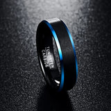 High Quality 6MM Blue Beveled Edges Black Matte Brushed Finish Tungsten Carbide Ring - Comfort Fit Size 7 to 12