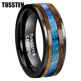 Super Blue Opal Whisky Barrel Wood Inlay 8mm Black Tungsten Comfort Fit Rings for Men, Women Fashion Wedding Bands