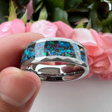 Super 8mm Multi Facet Hammer With Galaxy Series Opal Inlay Comfort Fit Men Women Tungsten Wedding Band