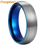 Superb Blue Domed Brushed 6mm 8mm  Tungsten Carbide Ring for Men and Women Comfort Fit Engagement Wedding Band