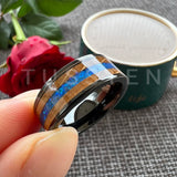 Super Blue Opal Whisky Barrel Wood Inlay 8mm Black Tungsten Comfort Fit Rings for Men, Women Fashion Wedding Bands