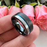 Offset Groove And Brushed Finish 8mm Black Blue Tungsten Carbide Comfort Fit Wedding Band Ring For Men Women
