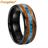 Gorgeous Whisky Wood Guitar String Inlay 8mm Tungsten Blue Opal Fashion Engagement Wedding Band for Men Women