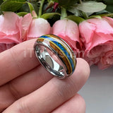 Gorgeous Whisky Wood Guitar String Inlay 8mm Tungsten Blue Opal Fashion Engagement Wedding Band for Men Women