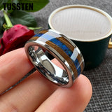 Super Blue Opal Whisky Barrel Wood Inlay 8mm Black Tungsten Comfort Fit Rings for Men, Women Fashion Wedding Bands