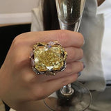 VINTAGE FASHION RINGS Hyperbole 14K Gold Color Yellow Topaz 925 Silver Luxury Ring
