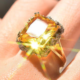 VINTAGE FASHION RINGS Hyperbole 14K Gold Color Yellow Topaz 925 Silver Luxury Ring