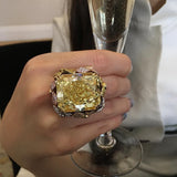 VINTAGE FASHION RINGS Hyperbole 14K Gold Color Yellow Topaz 925 Silver Luxury Ring