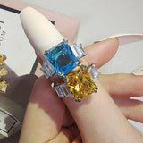 Excellent New Arrival Luxury Blue Yellow Color Rectangle AAA+ CZ Diamonds Fashion Rings - Rings Universe