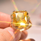 VINTAGE FASHION RINGS Hyperbole 14K Gold Color Yellow Topaz 925 Silver Luxury Ring