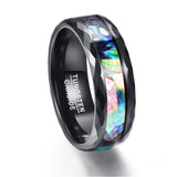 Abalone Shell & Polished Black Faceted  8mm Tungsten Carbide Rings Trendy, Wedding Ring - ringsuniverse