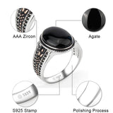 Silver Oval Black Agate with Black CZ Vintage Ring - Rings Universe