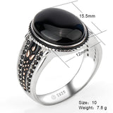 Silver Oval Black Agate with Black CZ Vintage Ring - Rings Universe