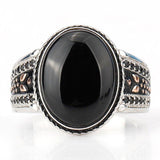 Silver Oval Black Agate with Black CZ Vintage Ring - Rings Universe