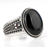 Silver Oval Black Agate with Black CZ Vintage Ring - Rings Universe