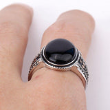 Silver Oval Black Agate with Black CZ Vintage Ring - Rings Universe