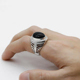 Black Agate Clear Zircon Classic Silver Ring - Rings Universe
