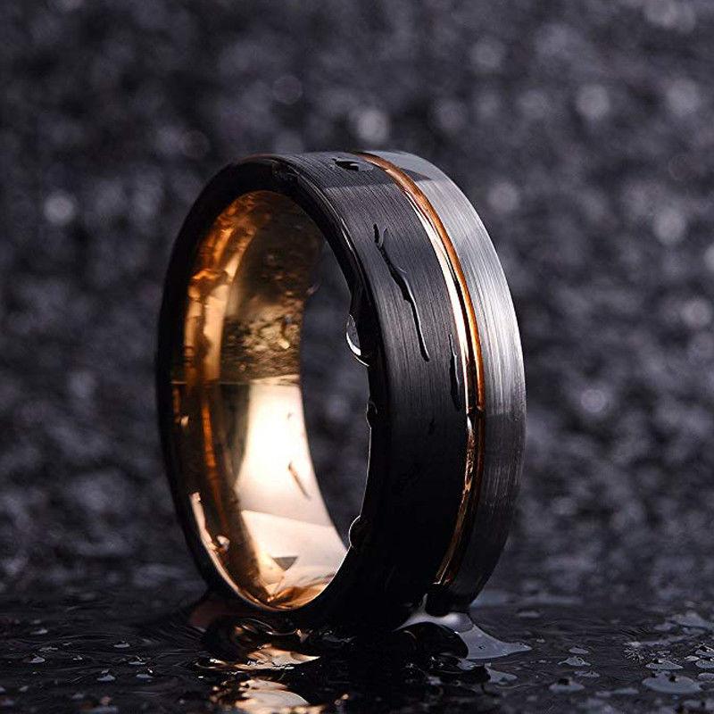 Tungsten Black Rose Gold Line Brushed Ring Rings Universe