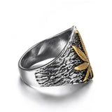 Mens Stainless Steel Cannabis Leaf Symbol Signet Ring - ringsuniverse