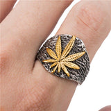 Mens Stainless Steel Cannabis Leaf Symbol Signet Ring - ringsuniverse