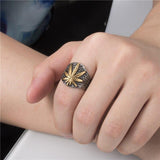 Mens Stainless Steel Cannabis Leaf Symbol Signet Ring - ringsuniverse