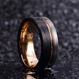 Tungsten Black Rose Gold Line Brushed Ring - Rings Universe