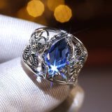 Fashion Rhombus Cut Blue Horse Eye Hollow Leaf Ring - Rings Universe