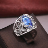 Fashion Rhombus Cut Blue Horse Eye Hollow Leaf Ring - Rings Universe